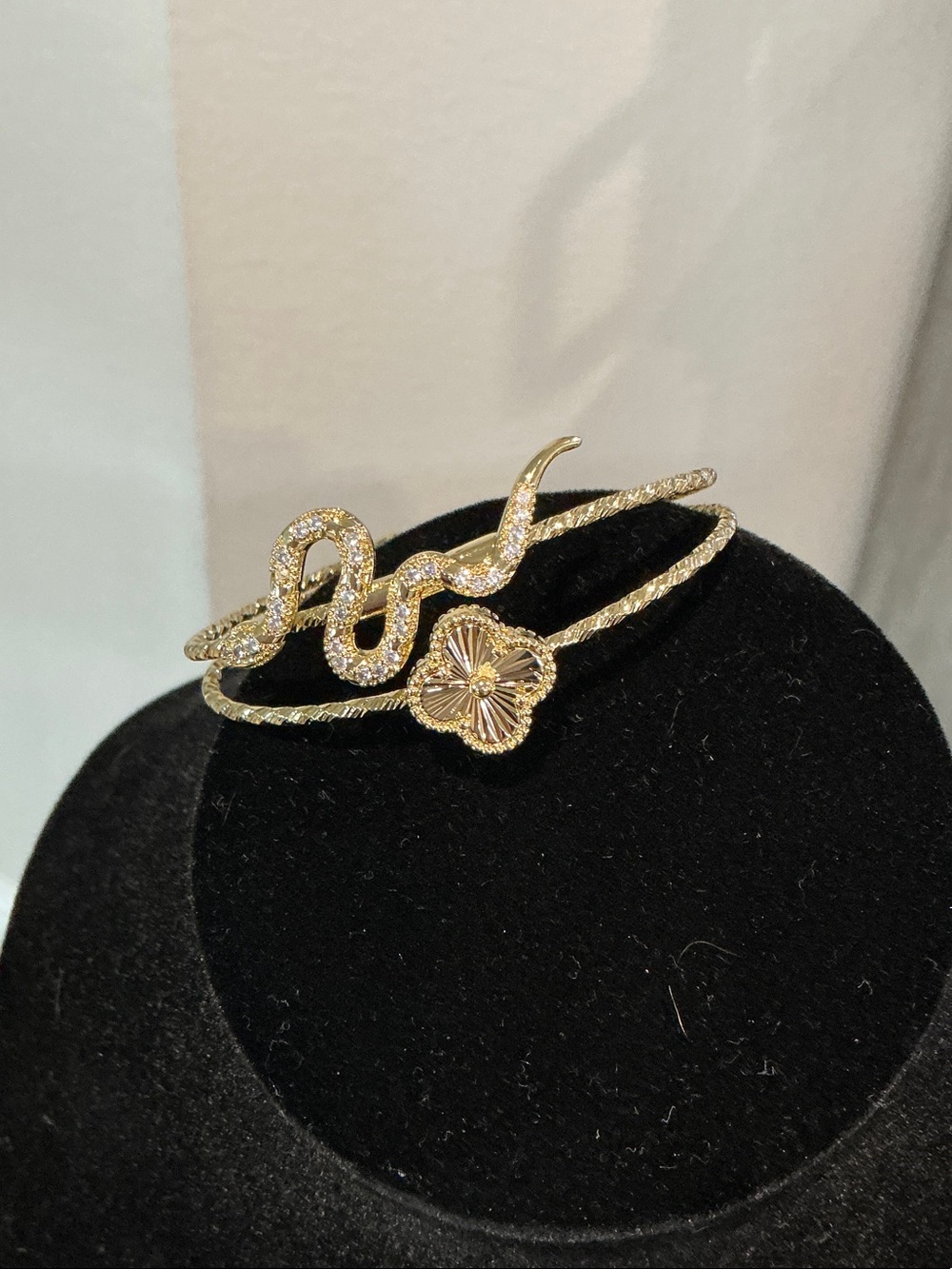 Gold Snake & Flower Open Bangle Bracelet